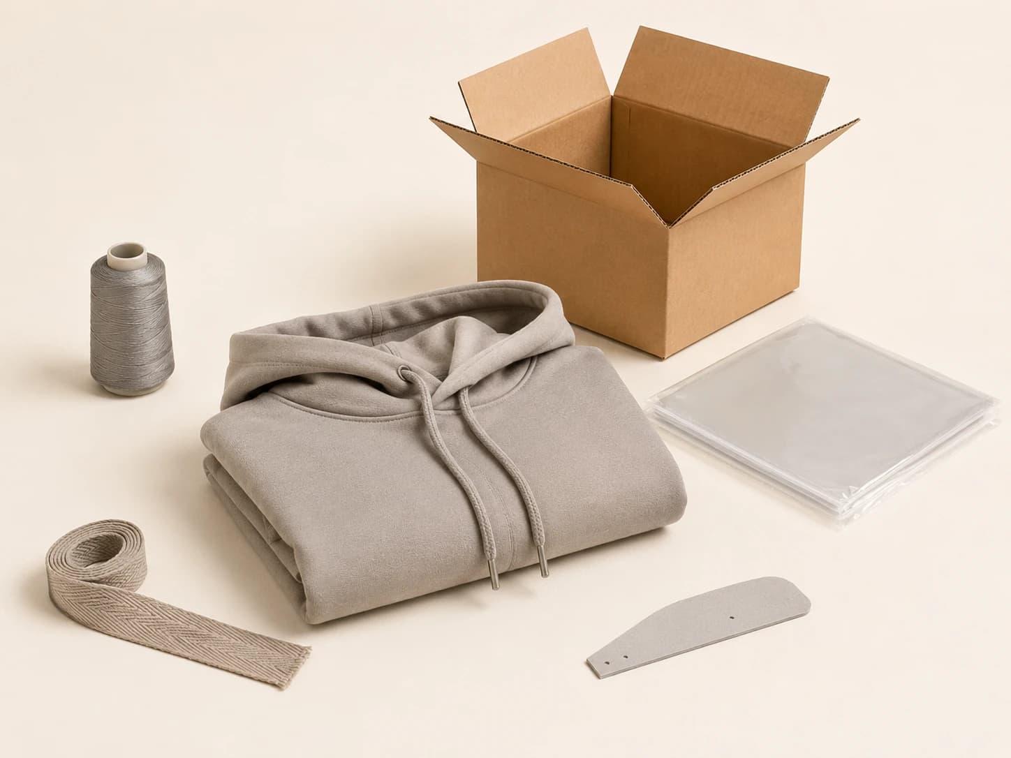 A folded garment with a TotalTex drawstring threaded through it, beside a matched thread cone, twill tape, board insert, poly bags and an open export carton