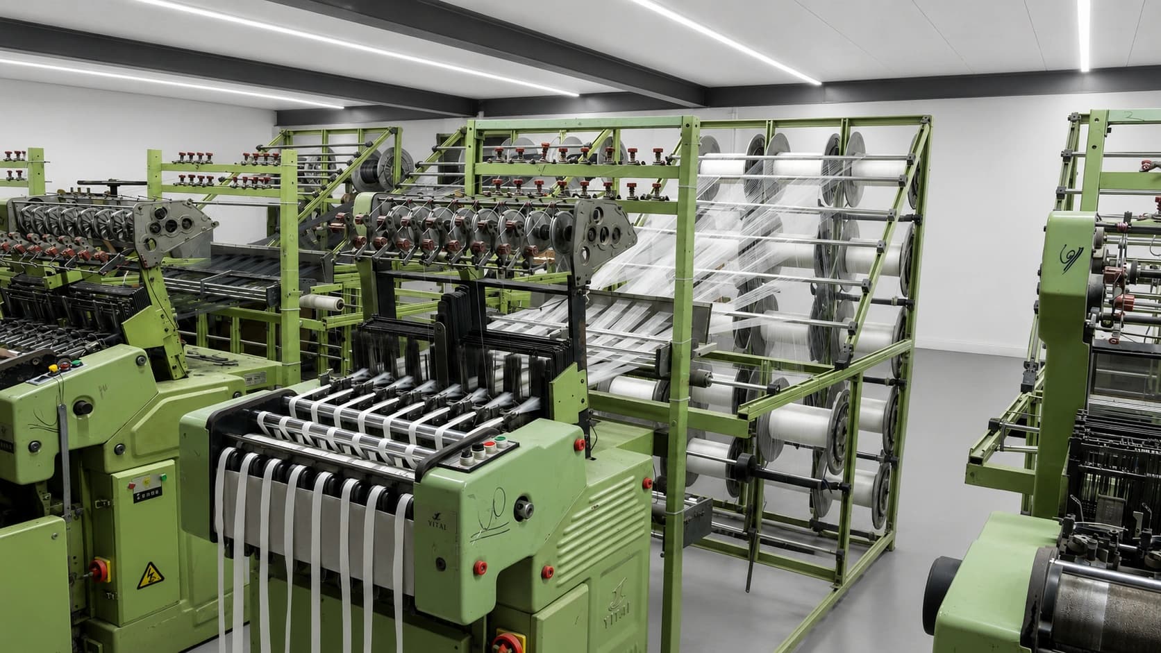 Wide view of the narrow-fabric weaving floor, rows of looms running the length of the hall