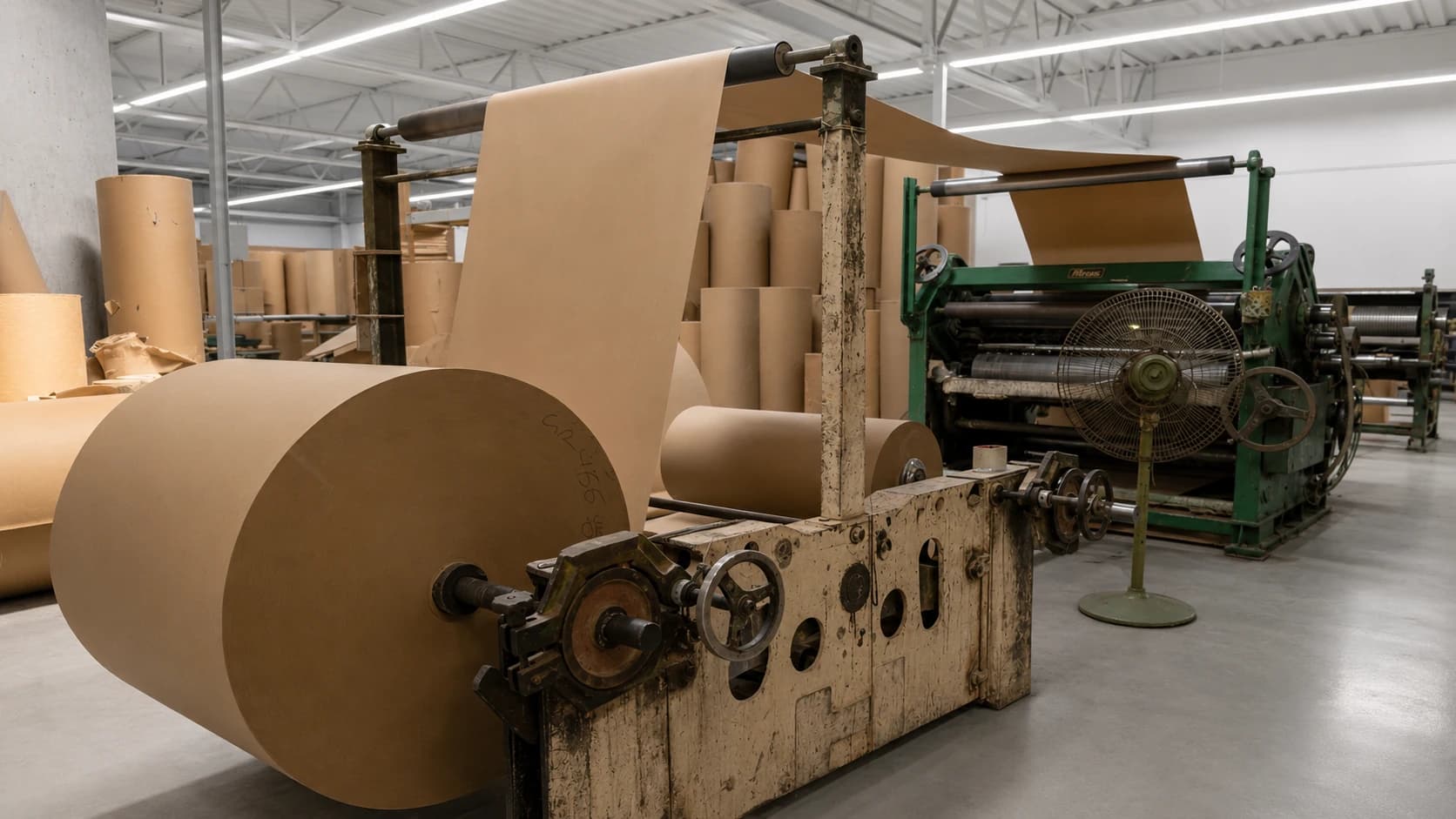A large kraft paper roll loaded onto the sheeting machine on the corrugation floor