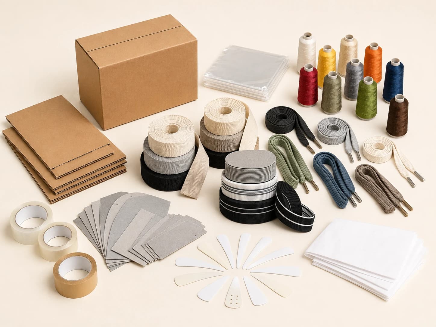 The full TotalTex range: export cartons, poly bags, sewing thread, drawstrings, tapes, elastics, gum tape, boards, collar inserts and tissue