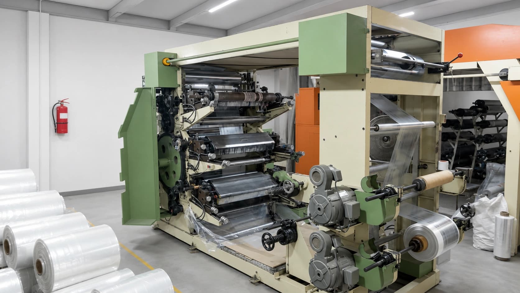 The poly and flexo printing line, with rolls of film stacked beside the press