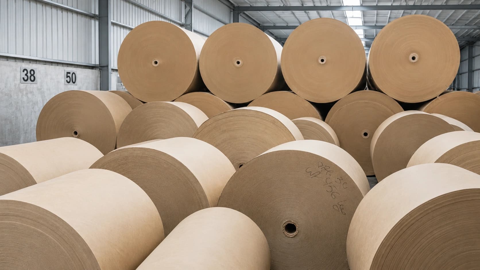 Stacked kraft paper roll stock in the materials warehouse