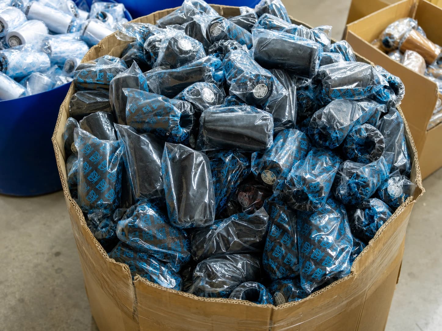 Bulk product packed in TotalTex-branded poly bags inside a round fibre drum