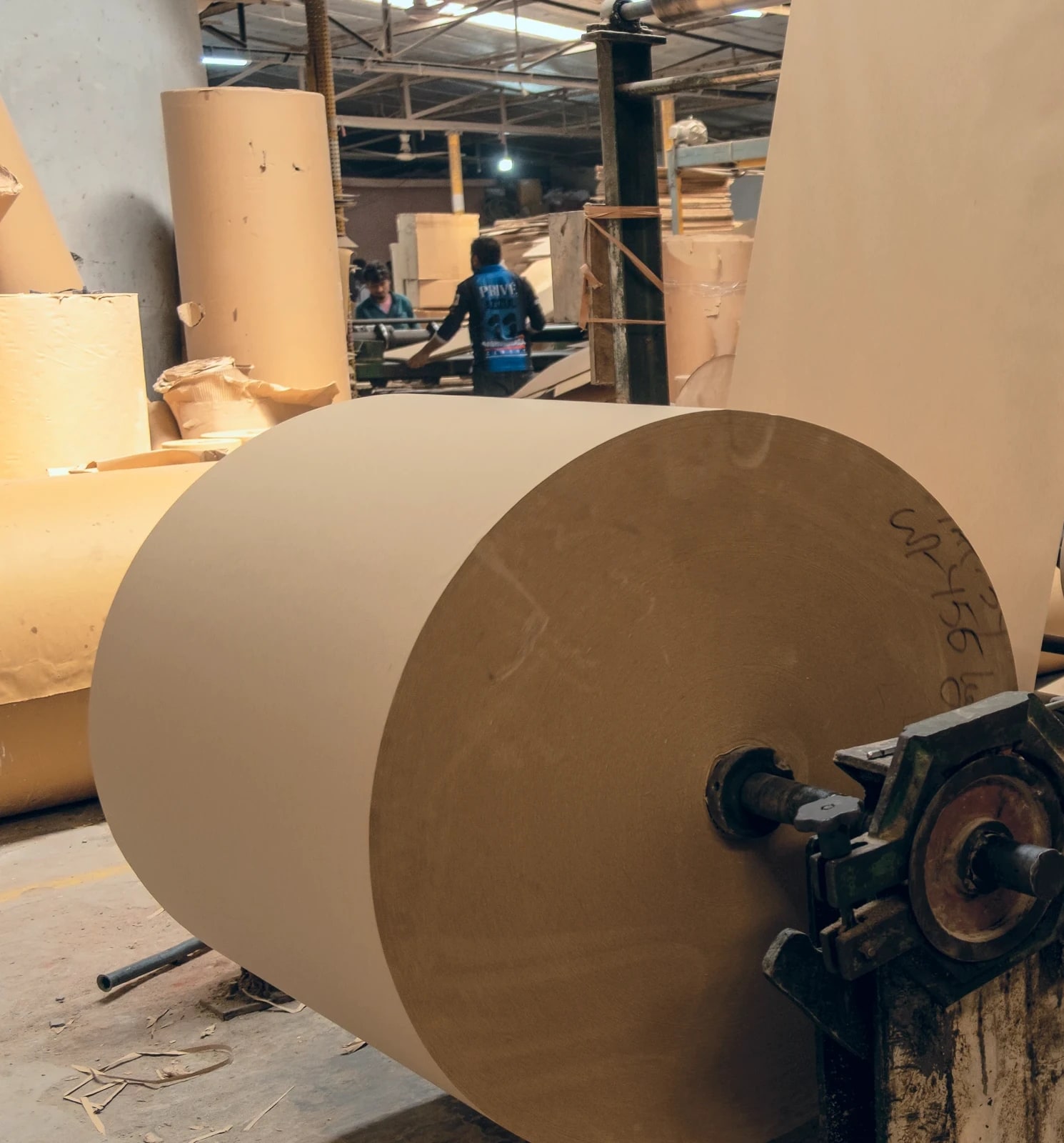 A large kraft paper roll loaded onto the sheeting machine on the corrugation floor