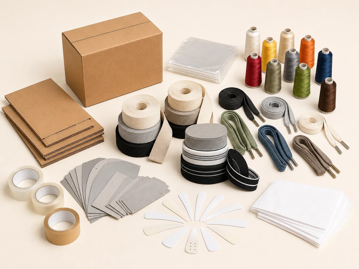 The full TotalTex range: export cartons, poly bags, sewing thread, drawstrings, tapes, elastics, gum tape, boards, collar inserts and tissue