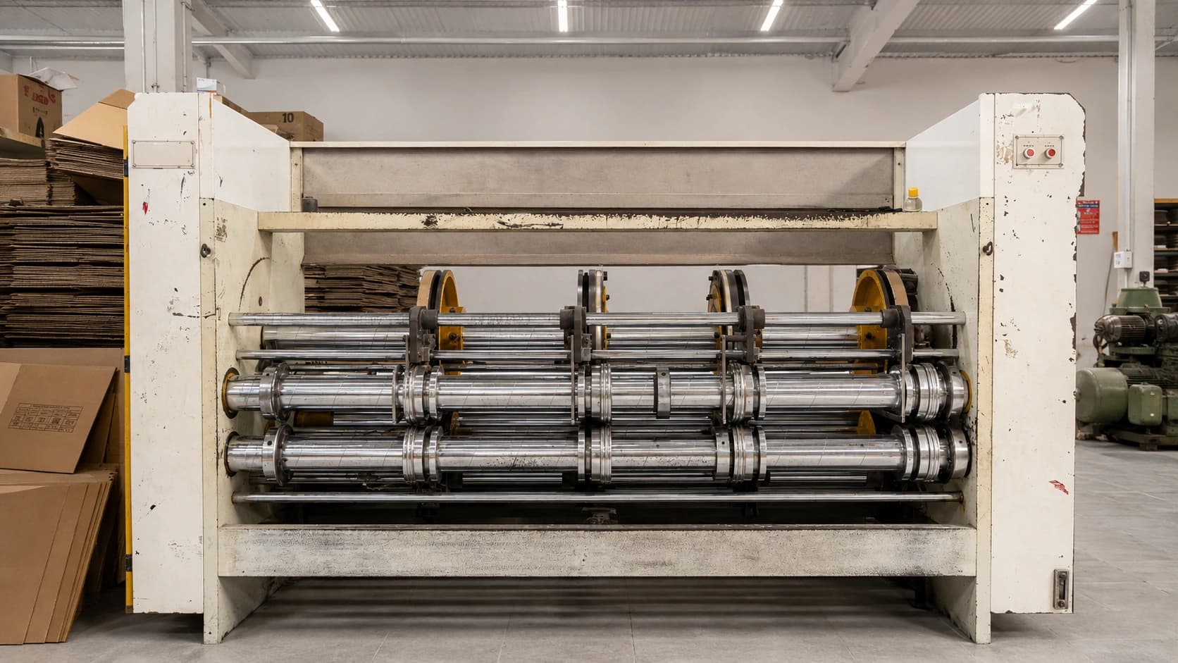 The slotting and creasing machine seen square on, its shafts and cutting heads across the width of the frame