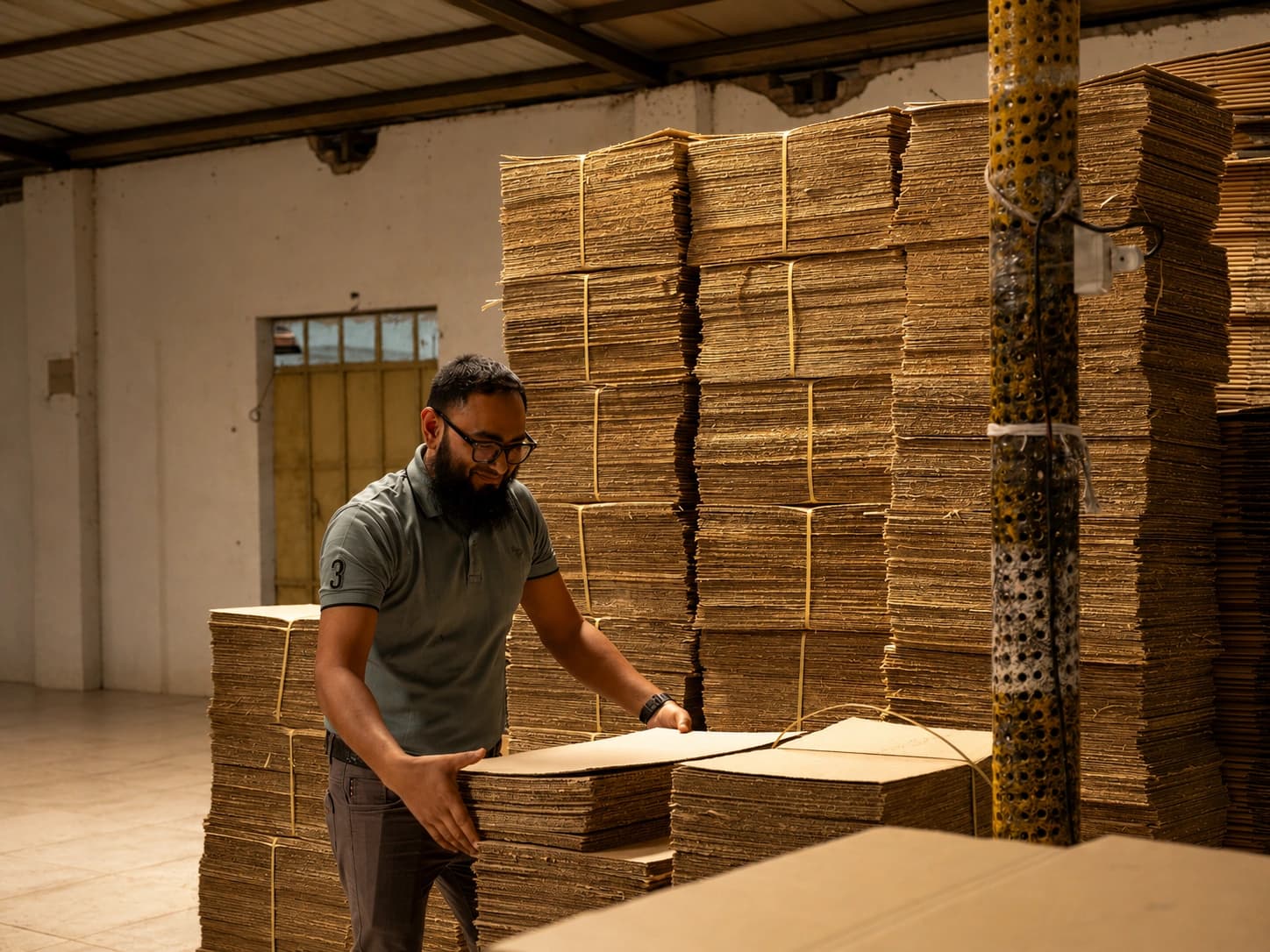 A team member stacking corrugated board on the corrugation floor in warm directional light
