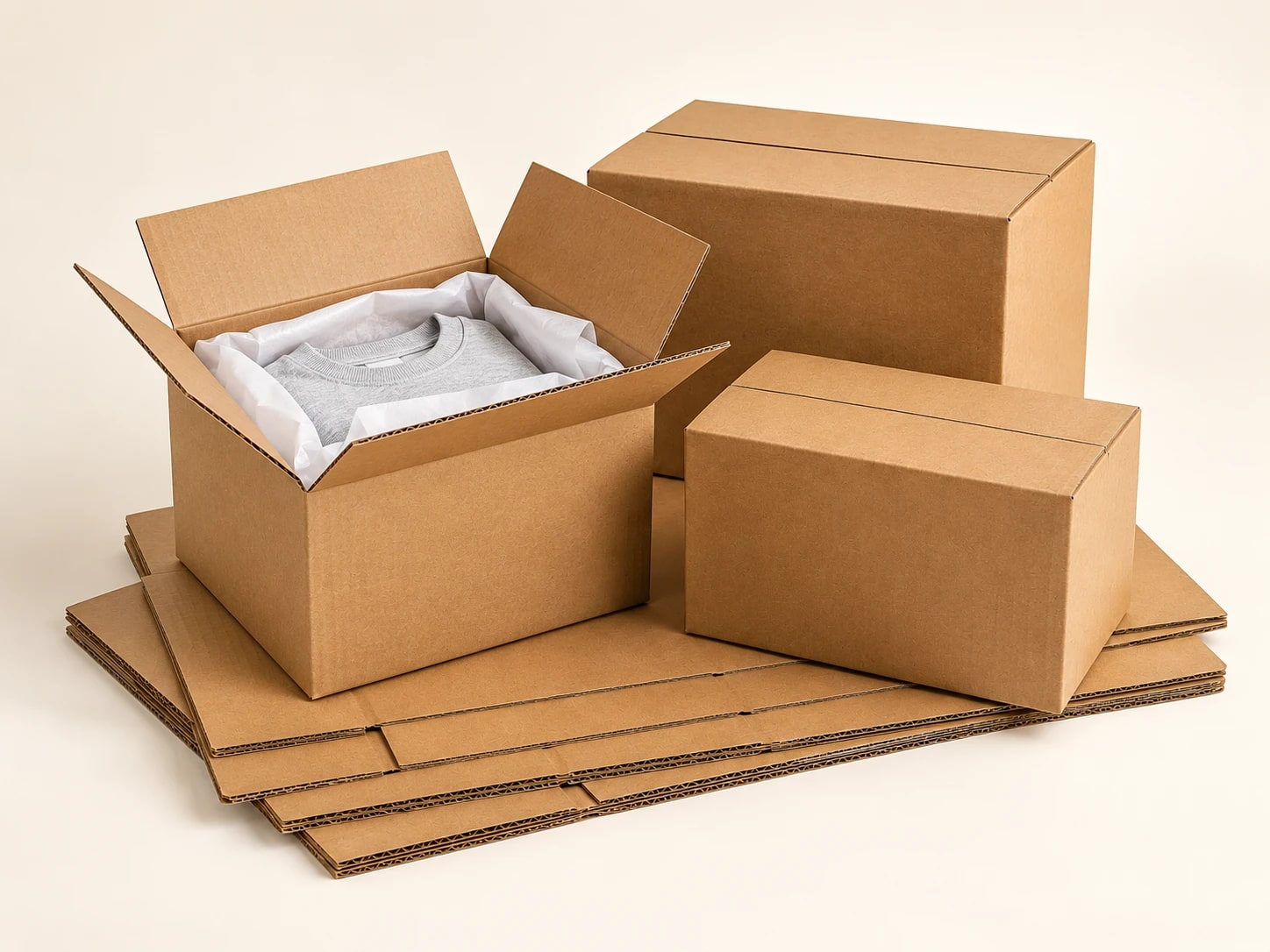 Open tissue-lined carton with a folded grey garment and stacked carton blanks