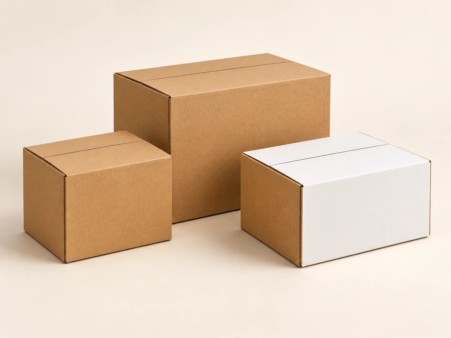 Three closed cartons with kraft and white outer liners