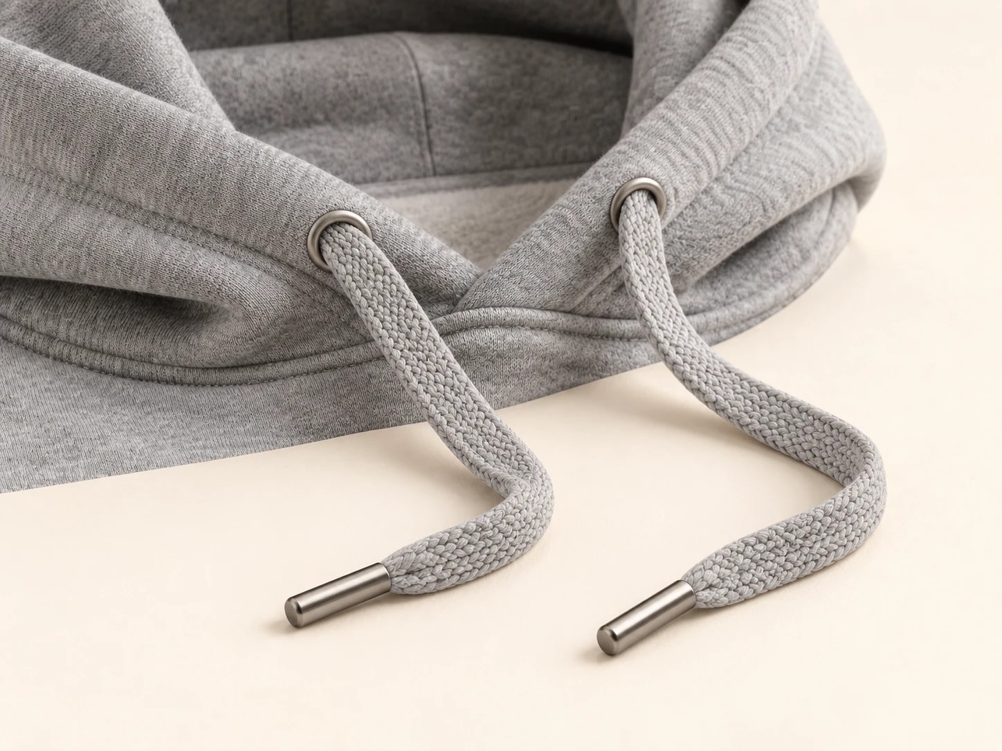 Grey braided drawstring passing through two hoodie eyelets