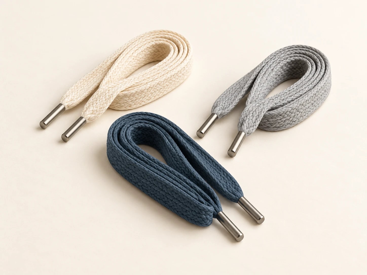 Cream, grey and navy flat braided cords, each with two metal tips