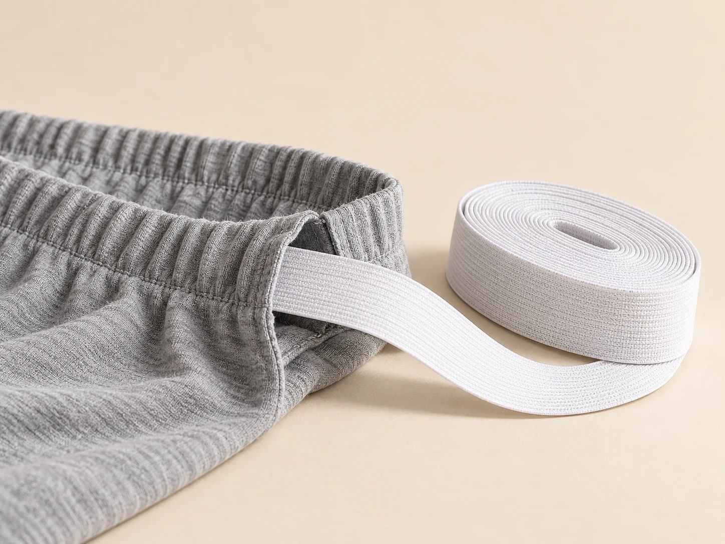 White elastic roll beside a grey garment waistband