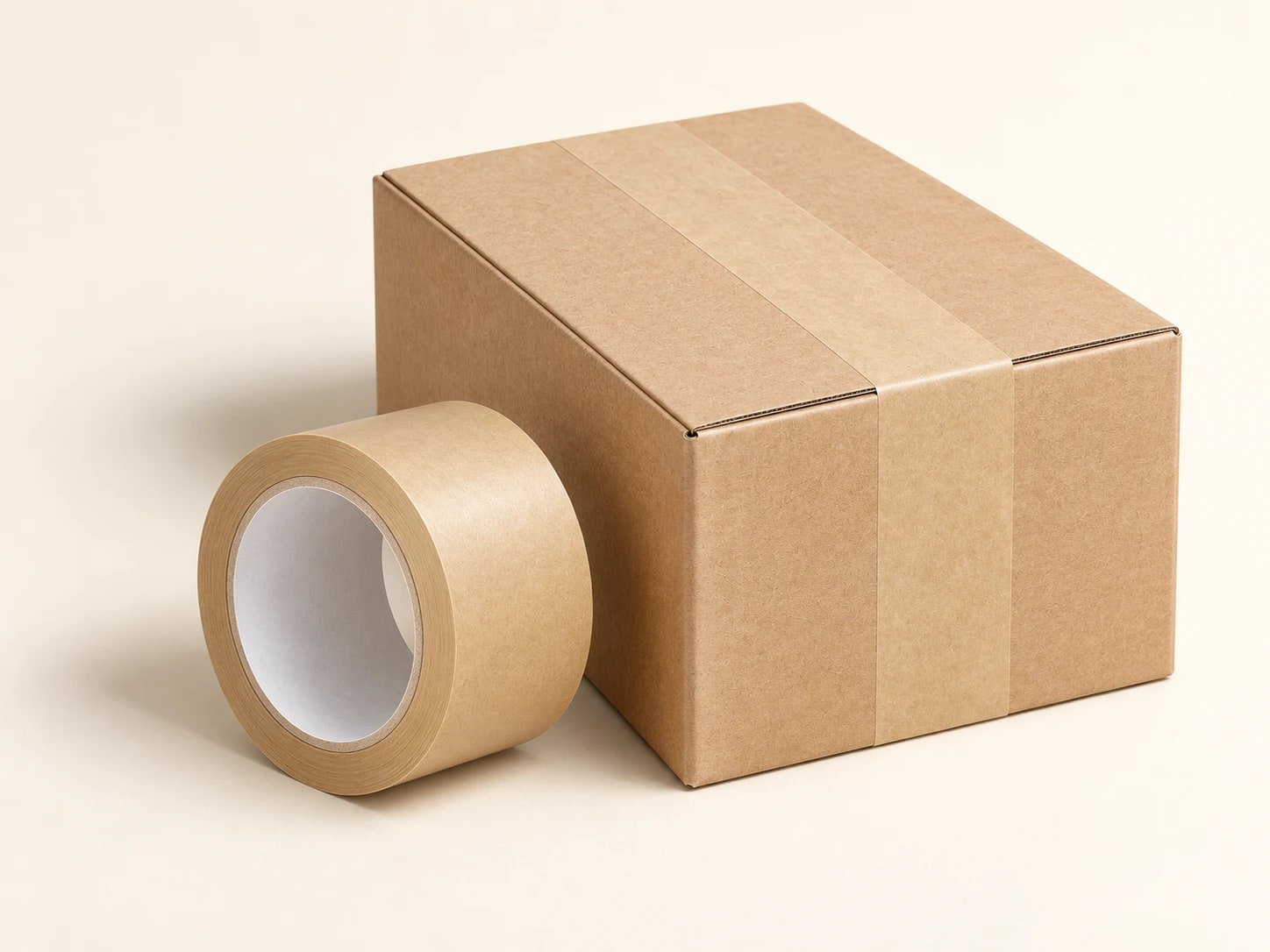 Kraft tape roll beside a sealed kraft carton