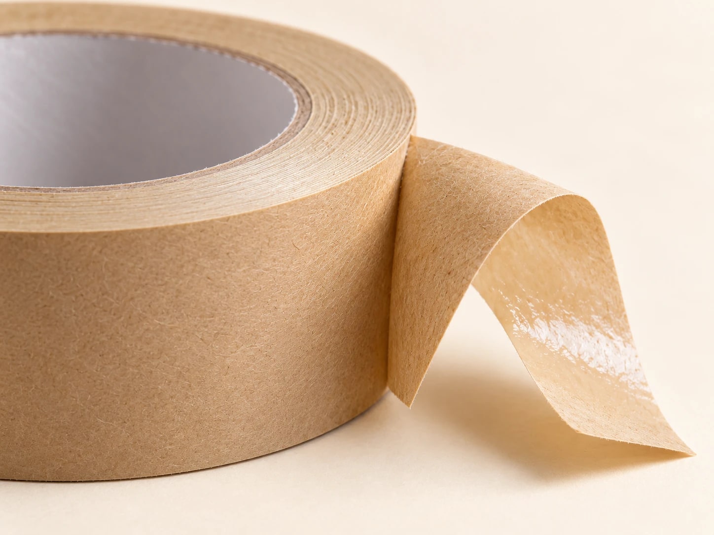 Close view of kraft tape with a curled loose end and blank core