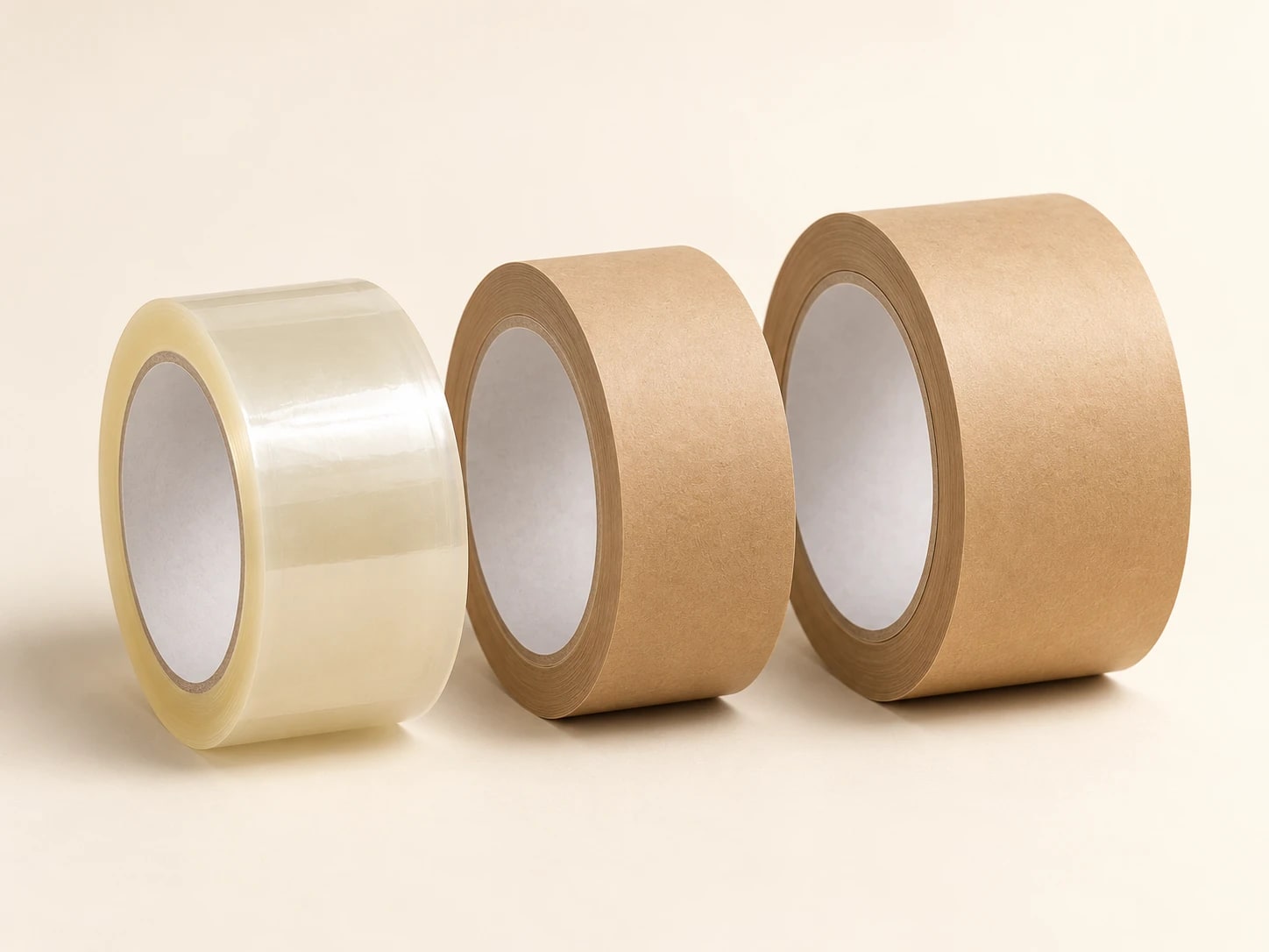 One clear tape roll and two kraft tape rolls