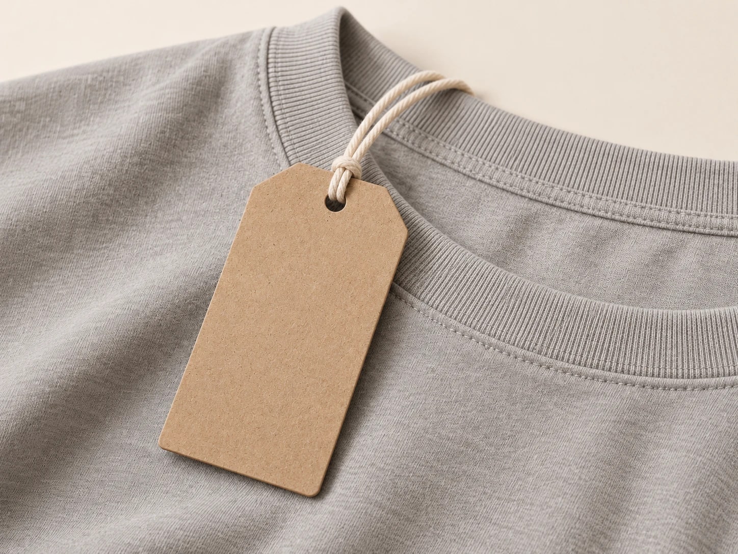 Blank kraft swing ticket resting on a grey garment neckline