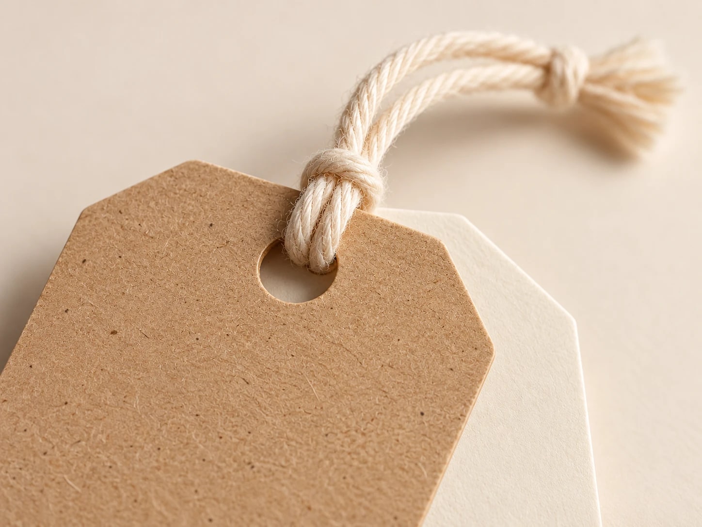 Close view of blank kraft and cream tags with cord through the punched hole