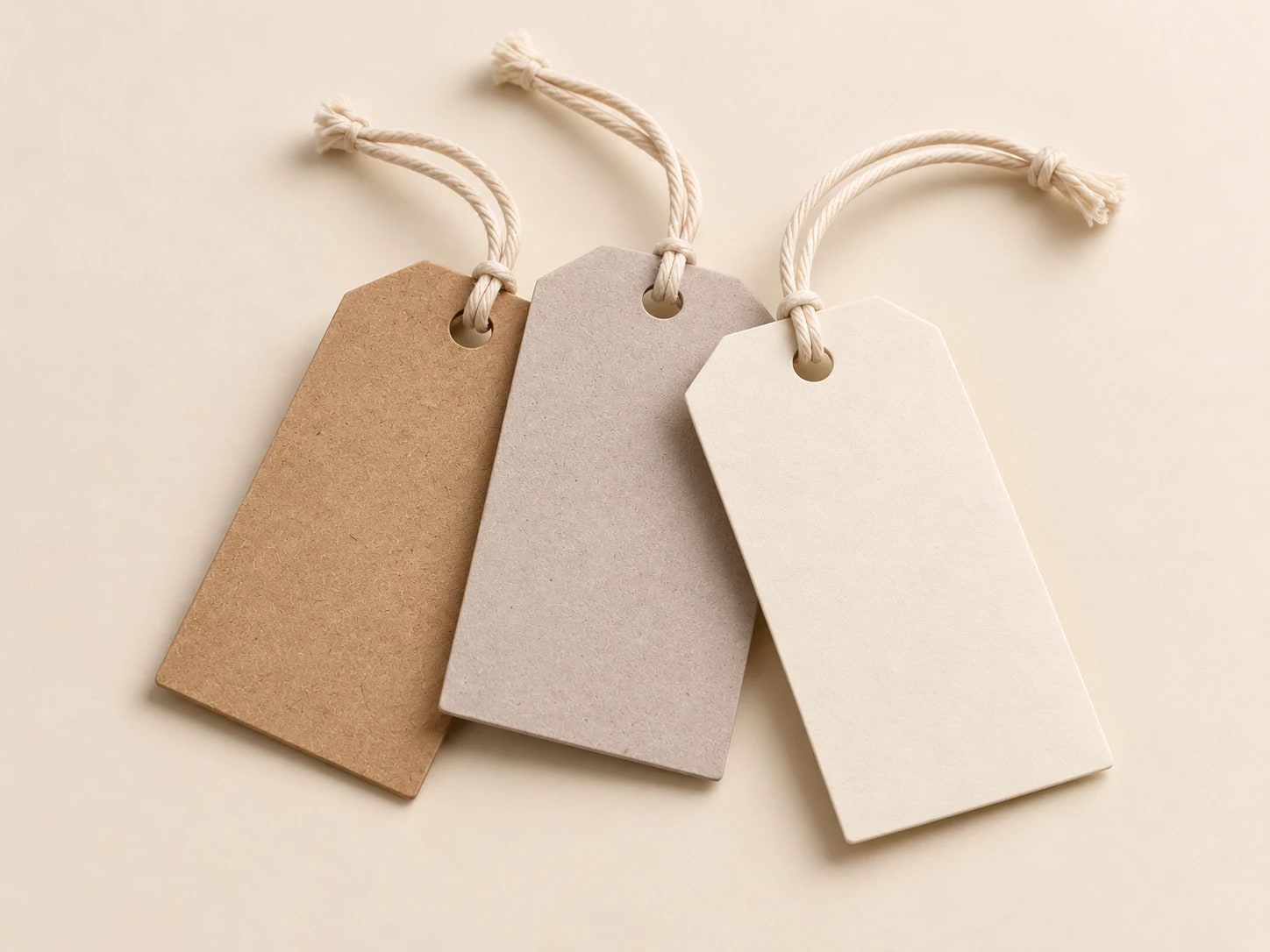 Three blank kraft, grey and cream swing tickets with tied cords
