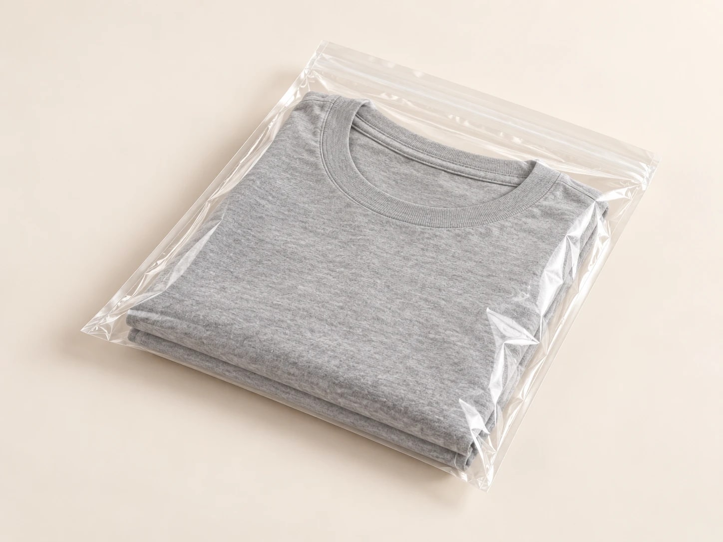 Folded grey garment inside a clear poly bag