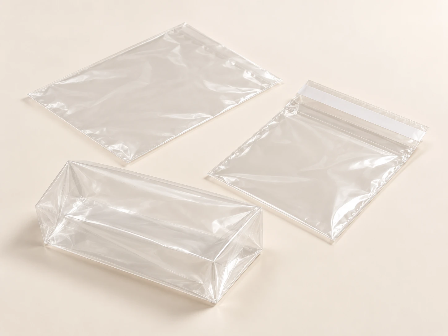 Clear flat, adhesive-lip and gusseted bags on a pale surface