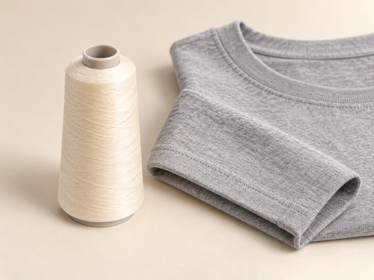Cream sewing thread cone beside a folded grey garment