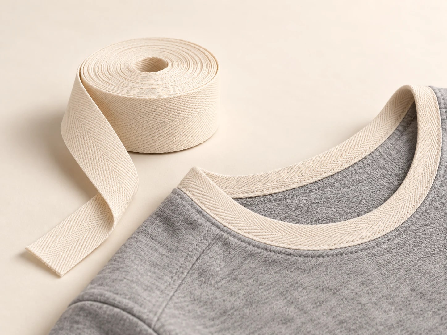 Cream herringbone tape beside the neckline of a grey garment
