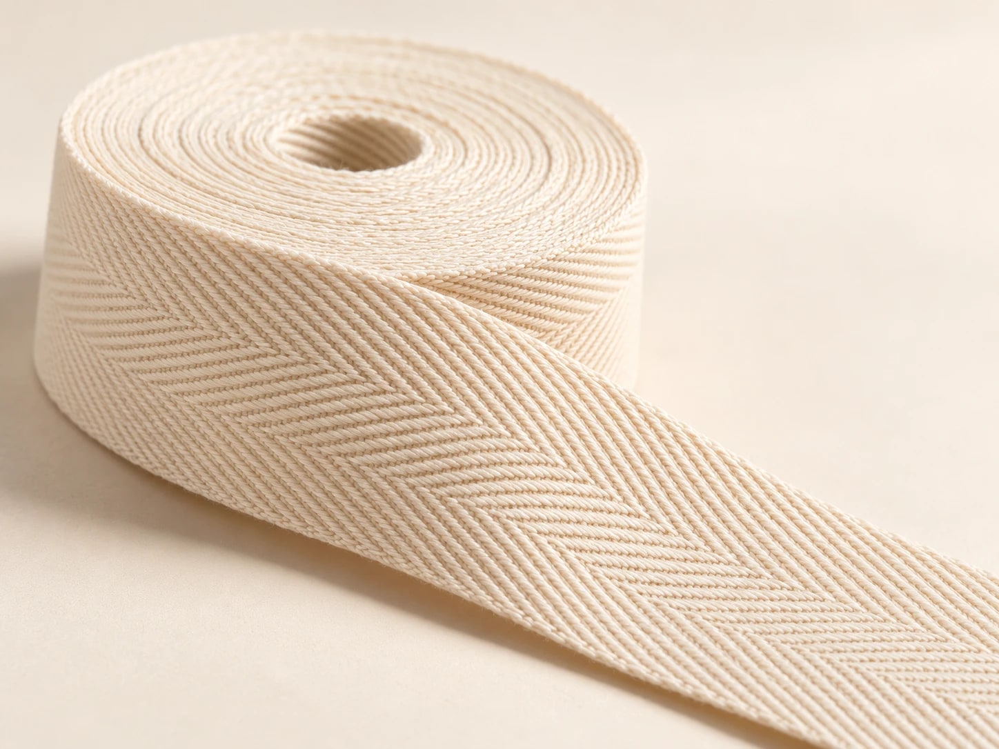 Close view of cream herringbone tape unrolling from a coil