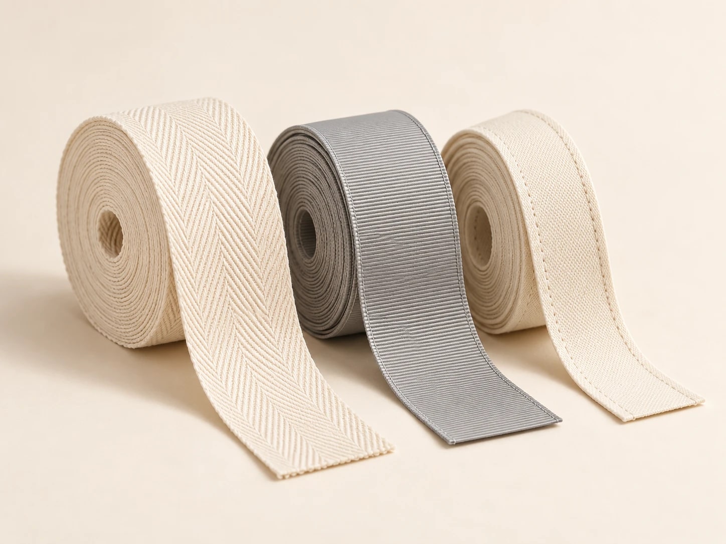 Three textile tape rolls with herringbone, ribbed and plain weaves