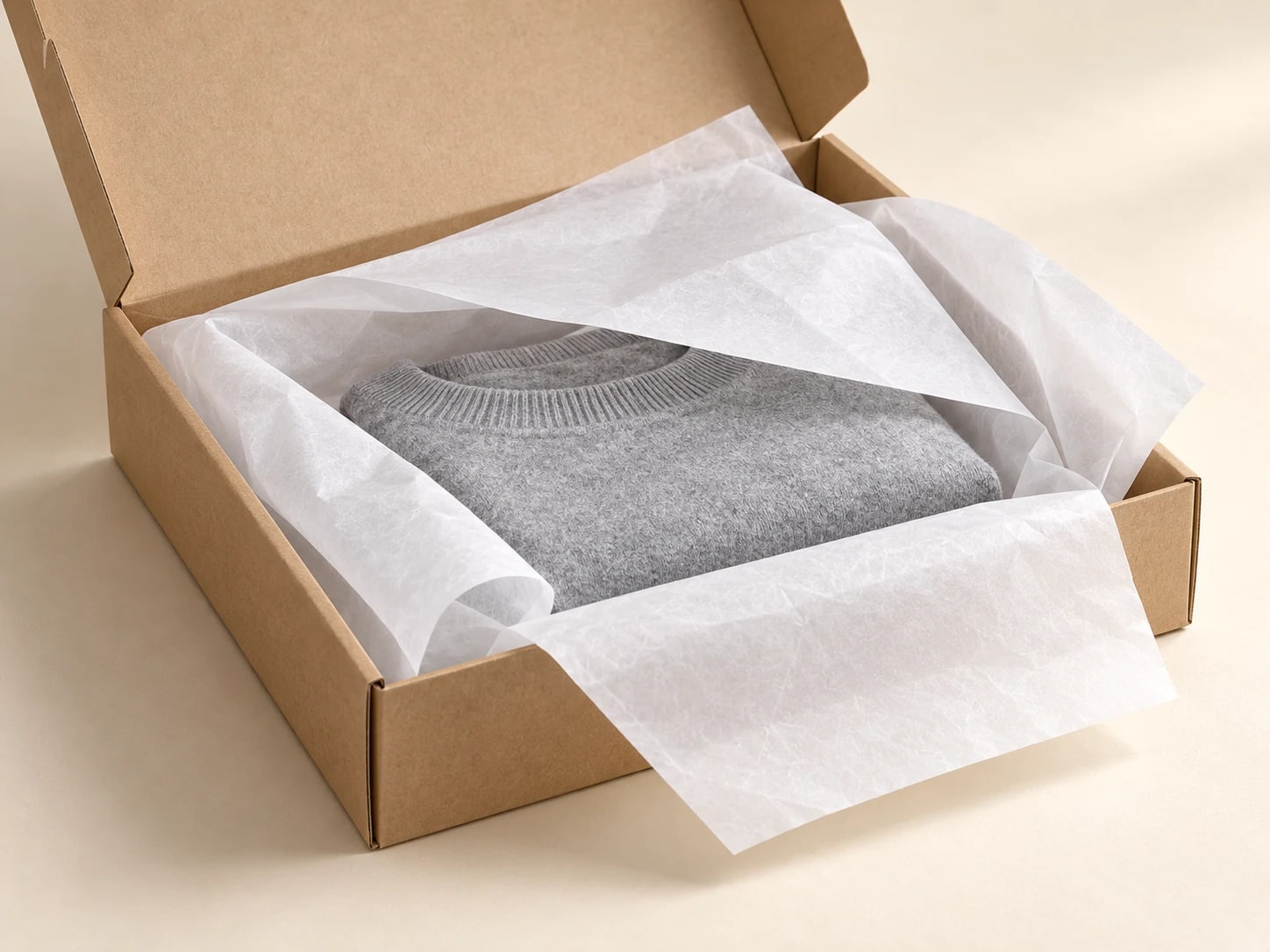 White tissue wrapping a folded grey garment in an open kraft carton