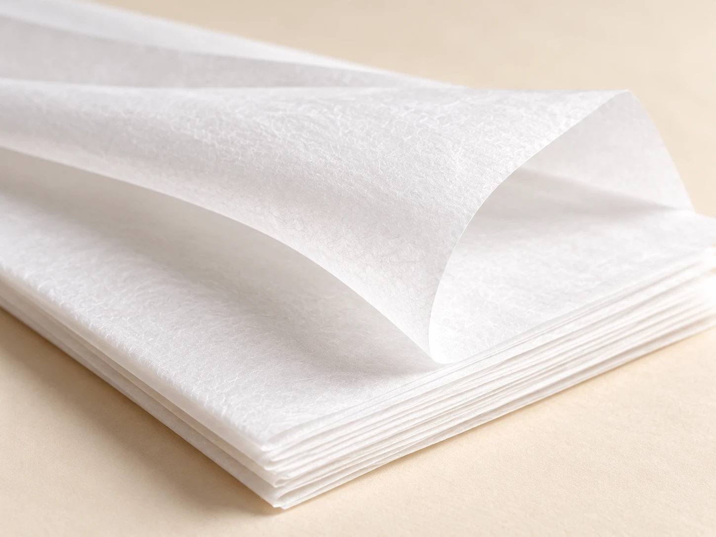 Close view of white tissue layers with a gently lifted edge