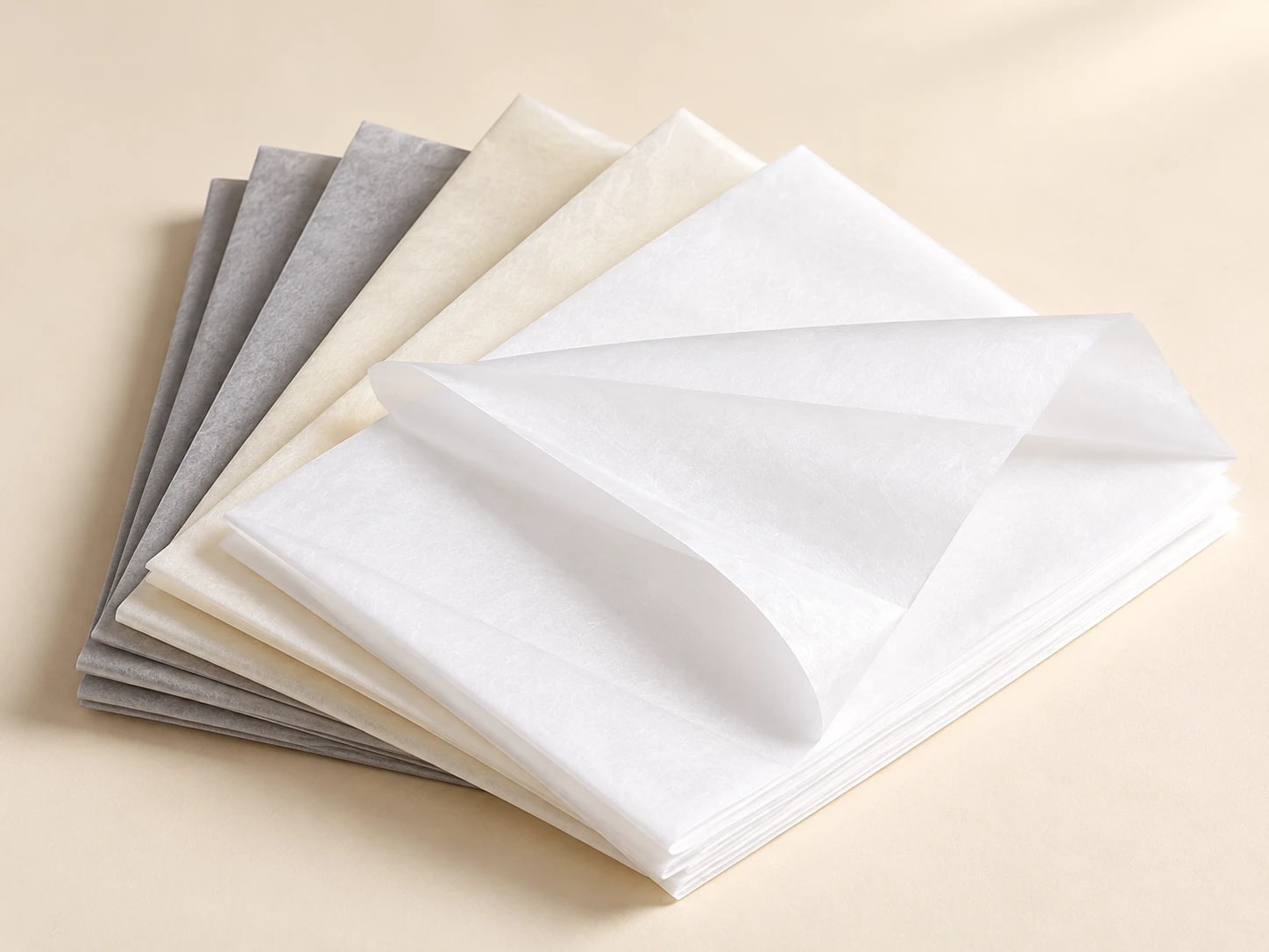 Grey, cream and white tissue sheets with a folded white layer